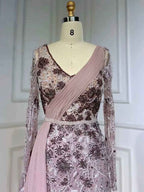 Exquisite V Neck Long Sleeves Appliques Bead Embroidery Prom Dress