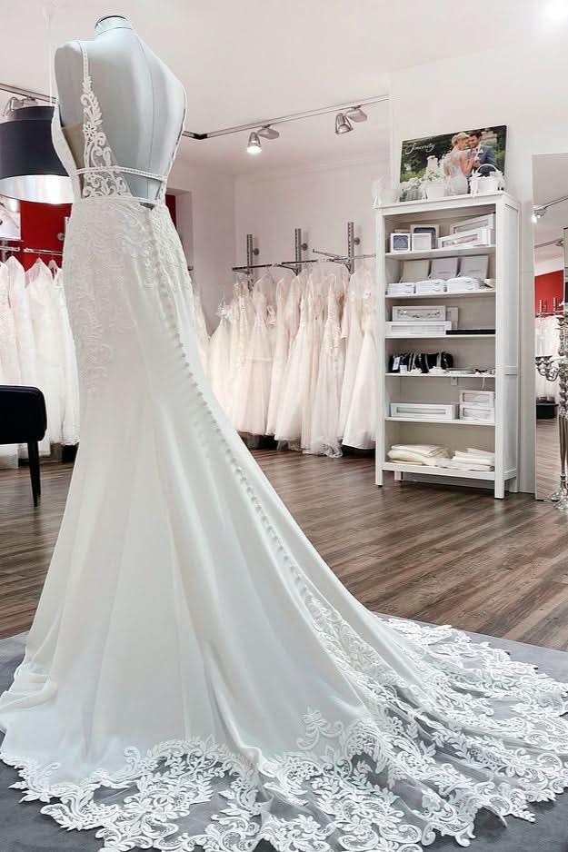 V-Neck Long Satin Mermaid Wedding Dress with Open Back and Lace Appliques BM bride