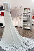 V-Neck Long Satin Mermaid Wedding Dress with Open Back and Lace Appliques BM bride