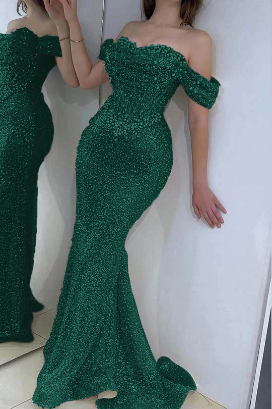 Off the Shoulder Strapless Sleeveless Long Prom Dress With Sequins BMBRIDE