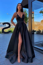 Elegant Spaghetti-Straps A-Line Evening Dress with Split and Pockets BM bride