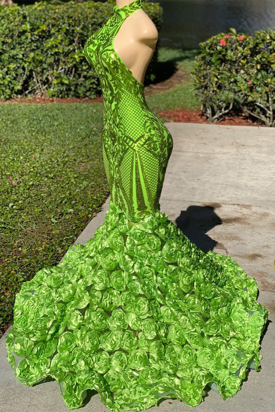 Green Halter Open-Back Sleeveless Mermaid Prom Dress with Flower Appliqueds BM bride