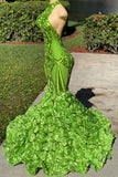 Green Halter Open-Back Sleeveless Mermaid Prom Dress with Flower Appliqueds BM bride