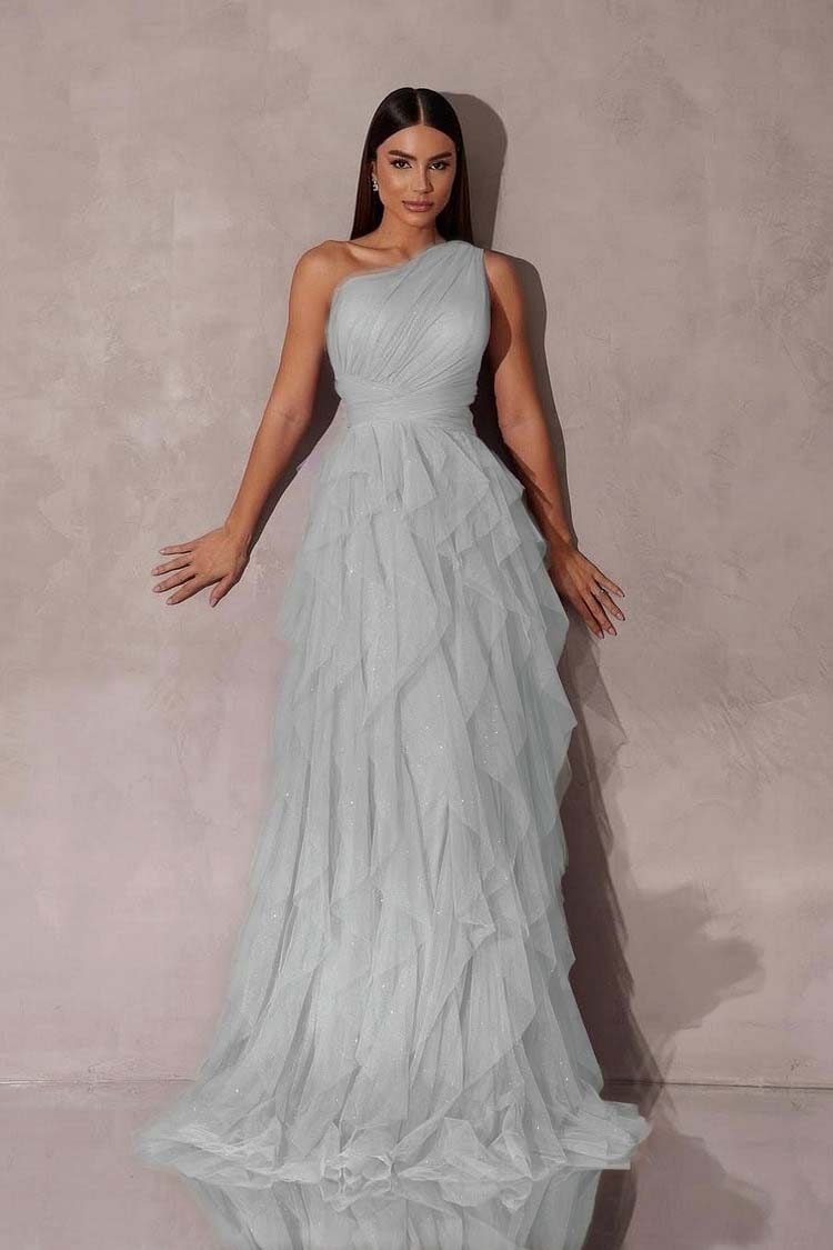 Chic One Shoulder Sleeveless Long Prom Dress With Tulle Ruffle