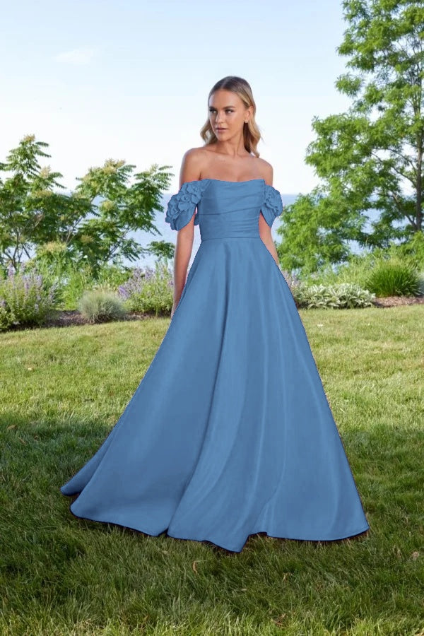 Off the Shoulder Sleeveless Long A Line Prom Dress With Pleated BMBRIDE