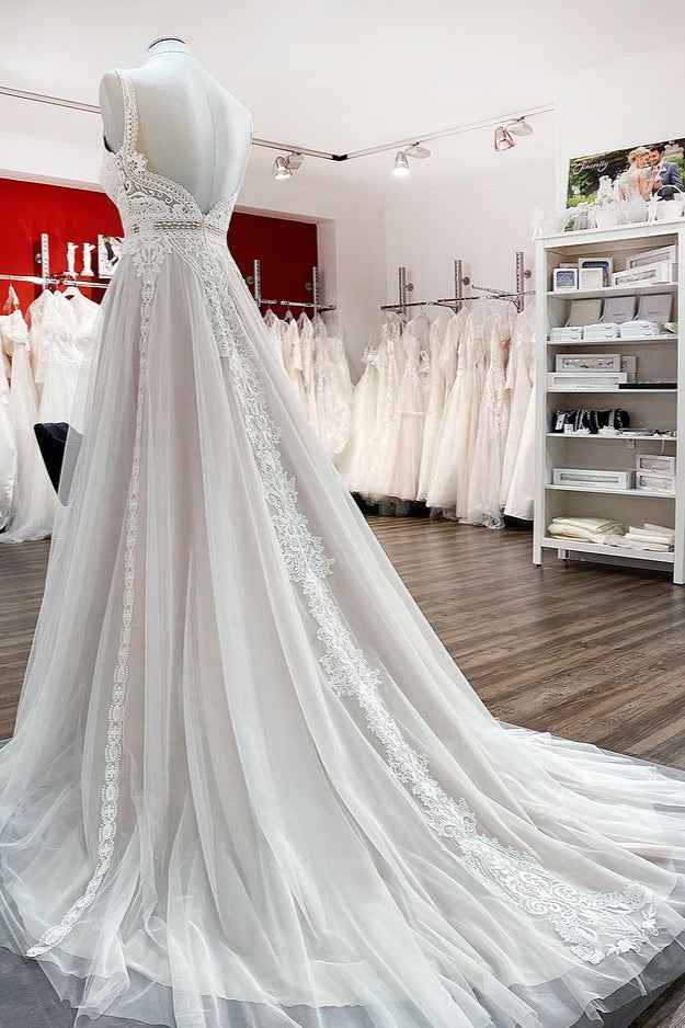A-Line Wedding Dress with Ruffles, Open Back, and Tulle Lace BM bride