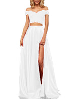 Off-the-Shoulder Two Pieces Prom Dress with Appliques and Slit BM bride