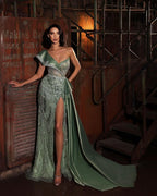 Green Sequins Prom Dress One Shoulder Charmeuse Sleeveless with Trail and High Slit BM bride