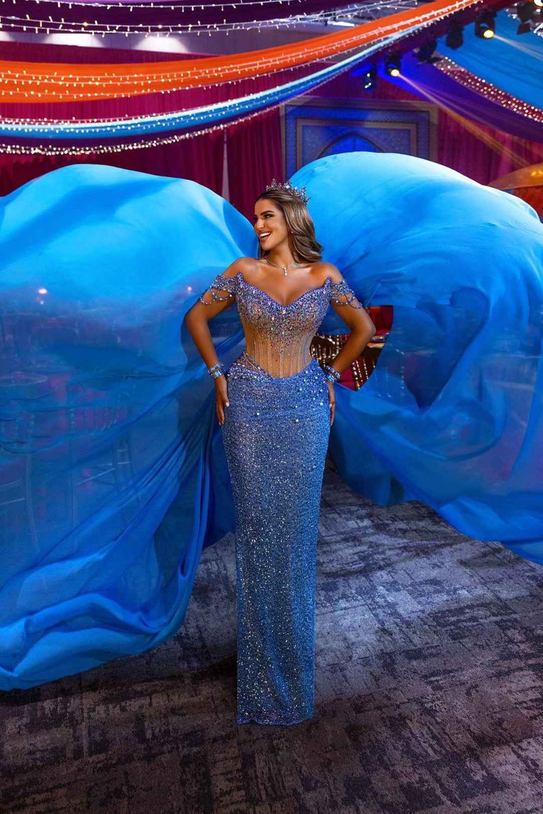 Heavy Off the Shoulder Mermaid Prom Dress Sequins Beading V Neck