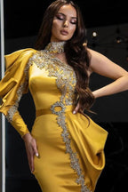 Yellow Halter Mermaid Evening Dress with One Shoulder Long Sleeve and Beadings BM bride
