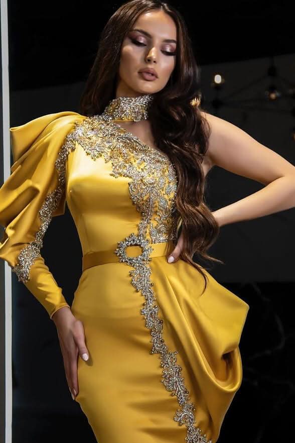 Yellow Halter One-Shoulder Mermaid Long Sleeve Evening Dress with Beading BM bride