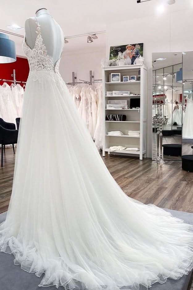 V-Neck Sleeveless Long A-Line Tulle Wedding Dress with Lace Ruffles BM bride