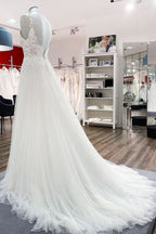 V-Neck Sleeveless Long A-Line Tulle Wedding Dress with Lace Ruffles BM bride