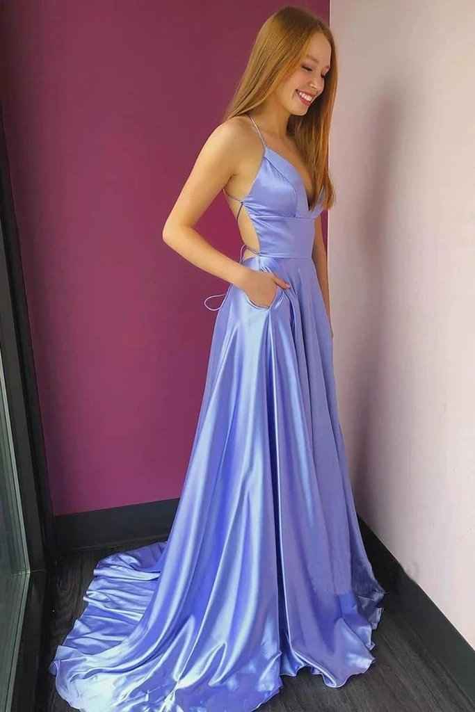 Spaghetti Strap V Neck Backless Sleeveless Prom Dress Long With Front Split