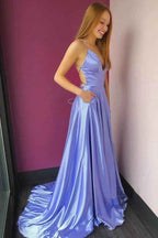 Spaghetti Strap V Neck Backless Sleeveless Prom Dress Long With Front Split