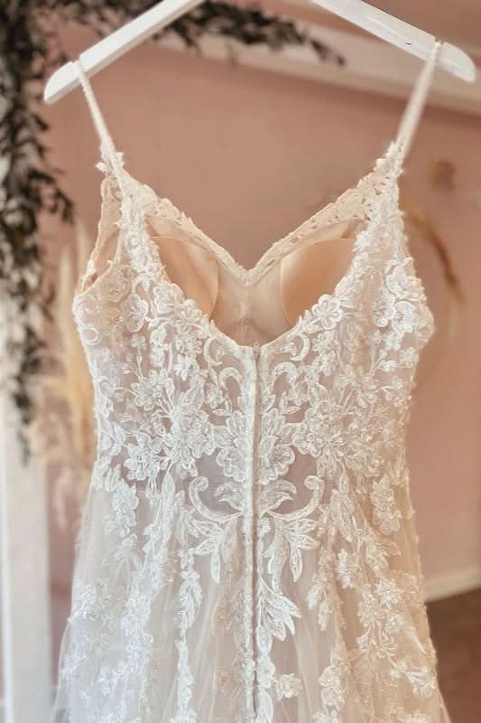 A-Line Sweetheart Spaghetti-Straps Tulle Wedding Dress With Lace Appliques BM bride