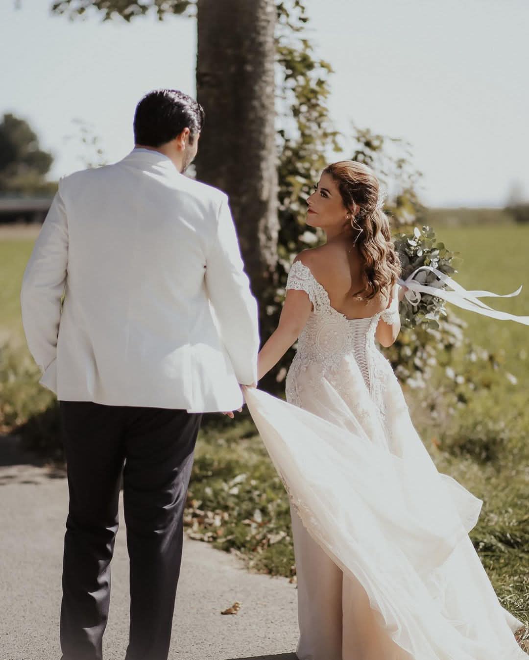Long A-line Boho Off-the-shoulder Wedding Dress With Lace Tulle BM bride