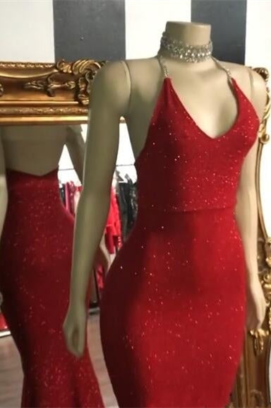 Glamorous Halter Neck Mermaid Sleeveless Red Long Prom Dress With Sequins BMBRIDE