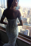 Off-the-Shoulder V-Neck Long Mermaid Wedding Dress with Lace Appliques BM bride