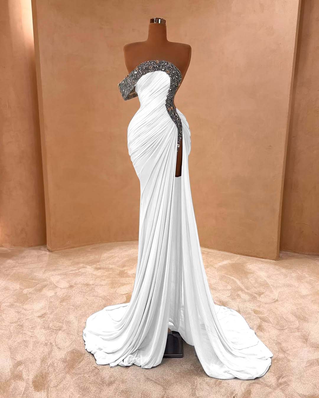 One Shoulder Sleeveless Long Split Prom Dress With Pleated Sequins BMBRIDE