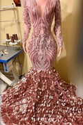 Pink V-Neck Long Sleeve Mermaid Prom Dress with Feathers and Sequins BM bride