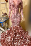 Pink V-Neck Long Sleeve Mermaid Prom Dress with Feathers and Sequins BM bride