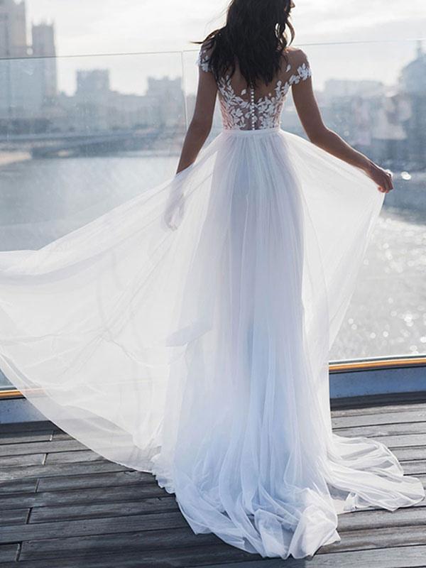 Short Sleeve Applique Wedding Dress with Split BM bride
