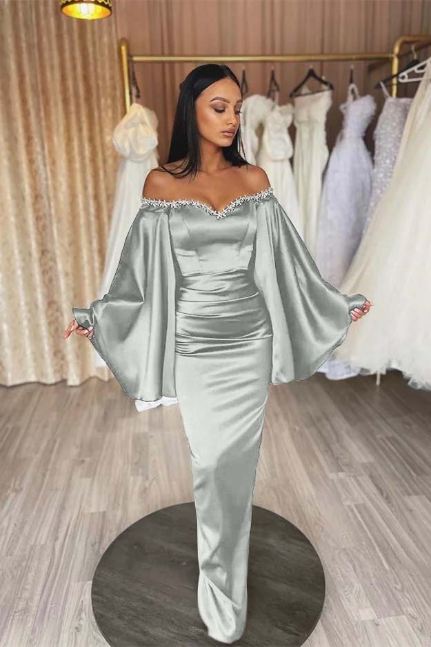 Off the Shoulder Long Sleeves Pleated Long Prom Dress With Beading BMBRIDE