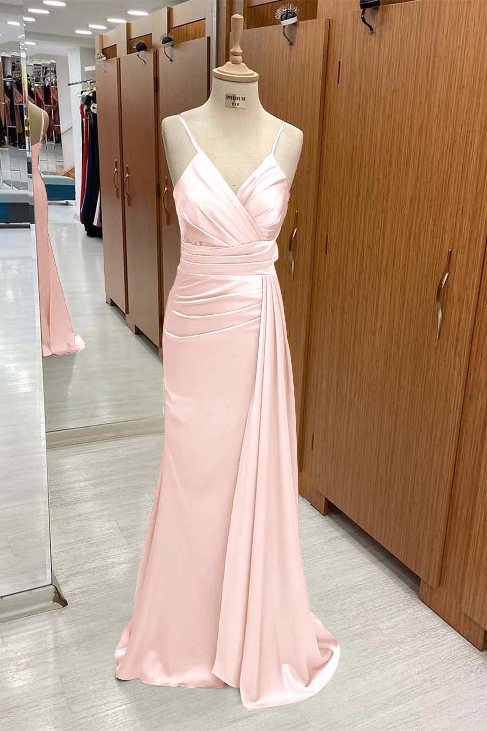 Spaghetti Strap Sleeveless Long Mermaid Prom Dress With Pleated BMBRIDE