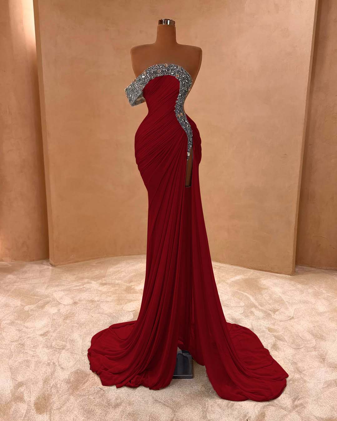 One Shoulder Sleeveless Long Split Prom Dress With Pleated Sequins BMBRIDE