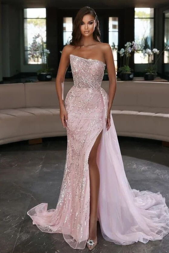 Light Pink Strapless Mermaid Prom Dress with Sequins and Split Online BM bride