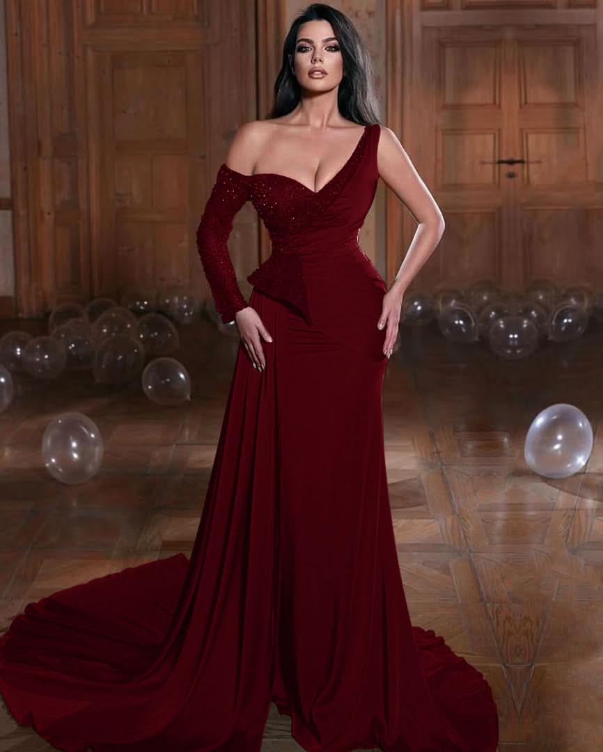 Dark Green One Shoulder Long Sleeves Mermaid Evening Dress with Ruffles BM bride