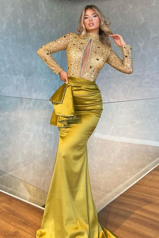 High Collar Long Sleeves Mermaid Pleated Sequins Prom Dress With Beadings BMBRIDE
