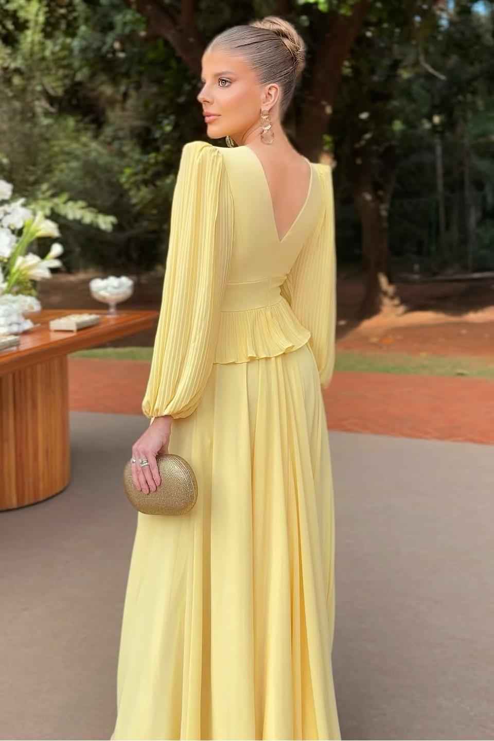 Deep V Neck Long Sleeves Long Prom Dress With Ruffles Pleated