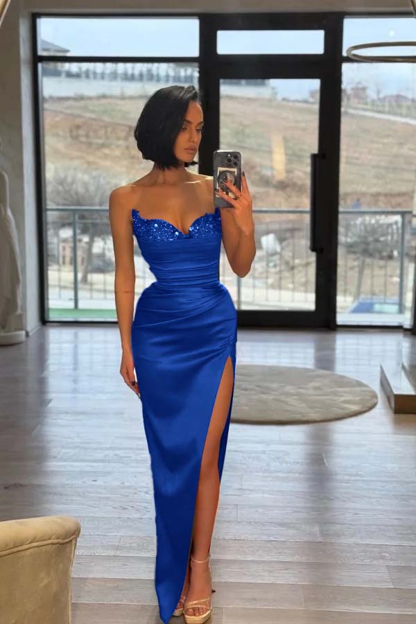 Strapless Sleeveless Long Split Prom Dress With Pleated Sequins
