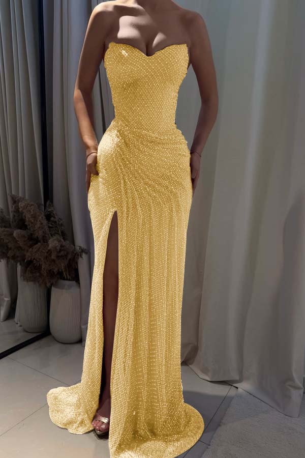 Strapless Sleeveless Mermaid Long Prom Dress With Split Pleated