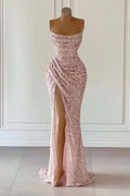 Elegant Strapless Mermaid Evening Dress with Sequins and Slit BM bride