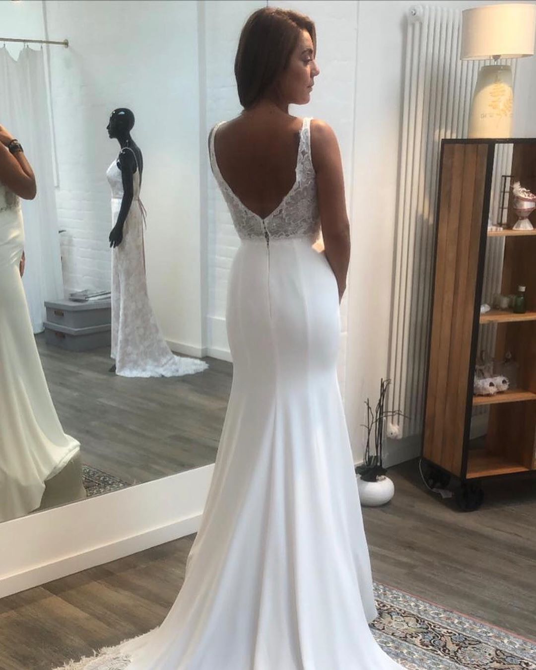 V-Neck Open Back Spaghetti Strap Mermaid Wedding Dress with Floor-Length Satin and Lace Appliques BM bride