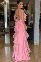 Chiffon Halter Sleeveless Backless Long Prom Dress With Pleated