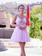 Romantic Deep V-Applique Lace Mini Length Homecoming Dress BM bride
