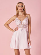 Romantic Deep V-Applique Lace Mini Length Homecoming Dress BM bride