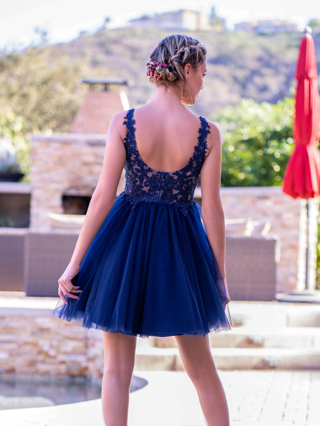 Romantic Deep V-neck Lace Tulle Mini Length Homecoming Dress BM bride