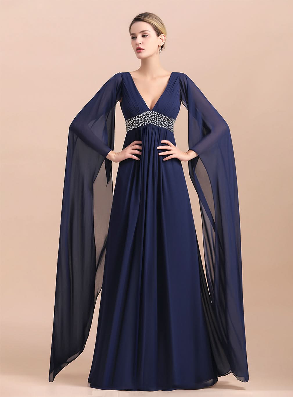 Deep V-Neck Long Sleeves Chiffon Floor-Length Dress BMbride