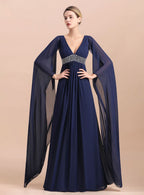 Deep V-Neck Long Sleeves Chiffon Floor-Length Dress BMbride