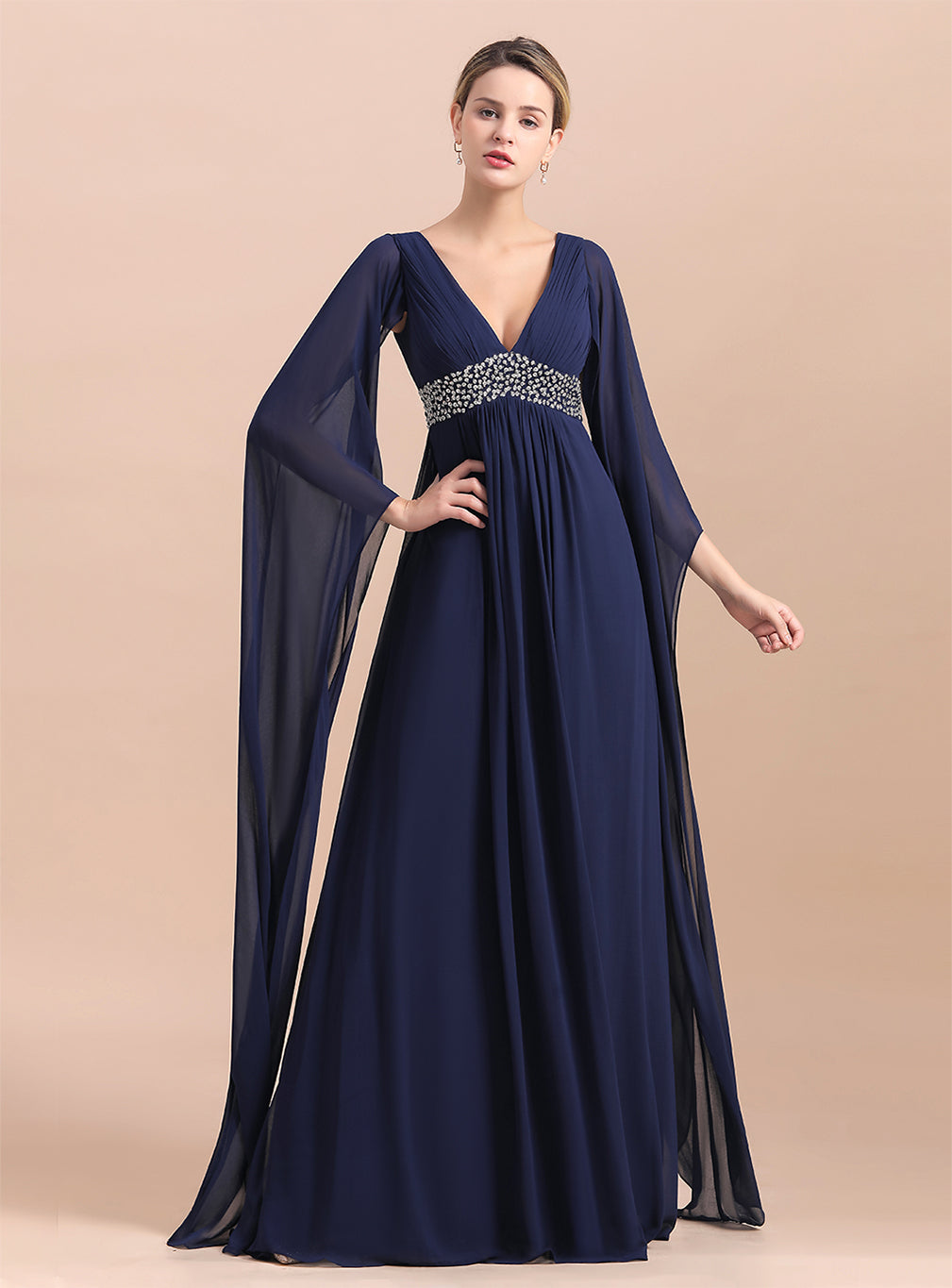 Deep V-Neck Long Sleeves Chiffon Floor-Length Dress BMbride