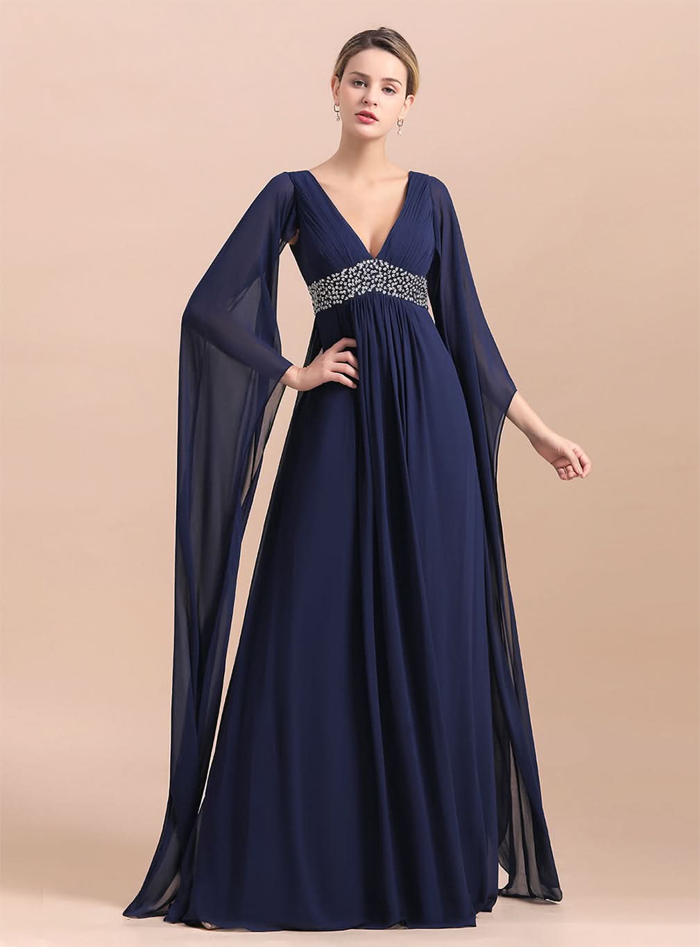 Deep V-Neck Long Sleeves Chiffon Floor-Length Dress BMbride