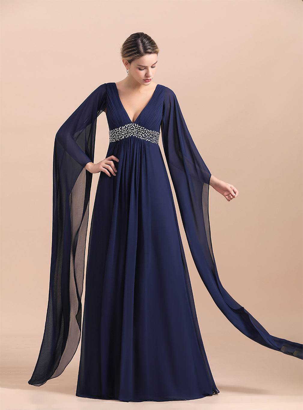 Deep V-Neck Long Sleeves Chiffon Floor-Length Dress BMbride