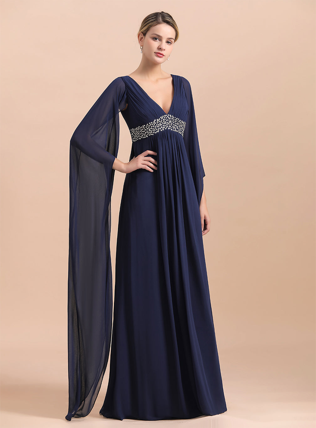 Deep V-Neck Long Sleeves Chiffon Floor-Length Dress BMbride