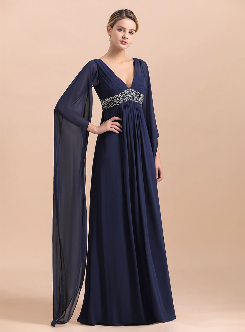 Deep V-Neck Long Sleeves Chiffon Floor-Length Dress BMbride