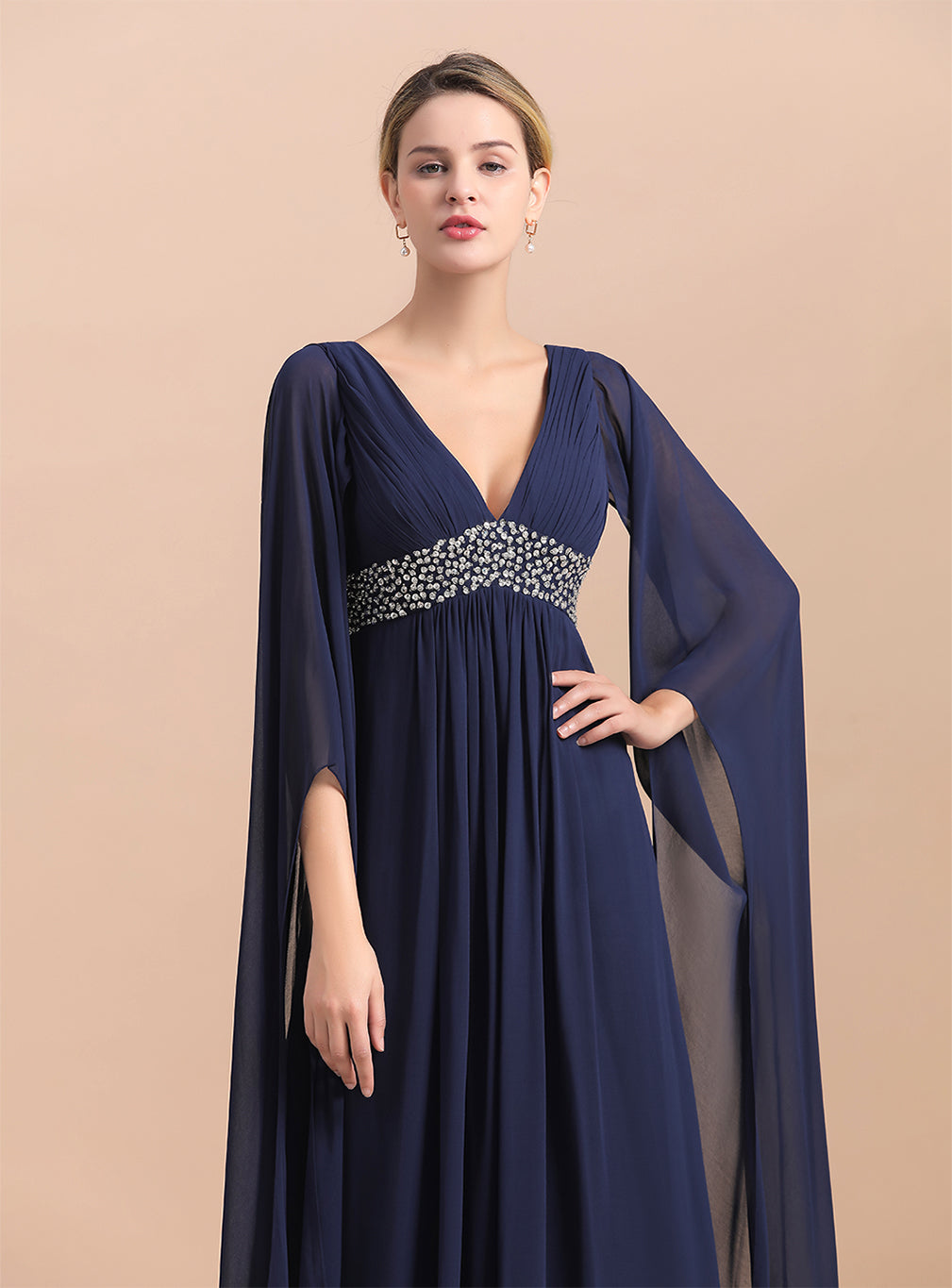 Deep V-Neck Long Sleeves Chiffon Floor-Length Dress BMbride